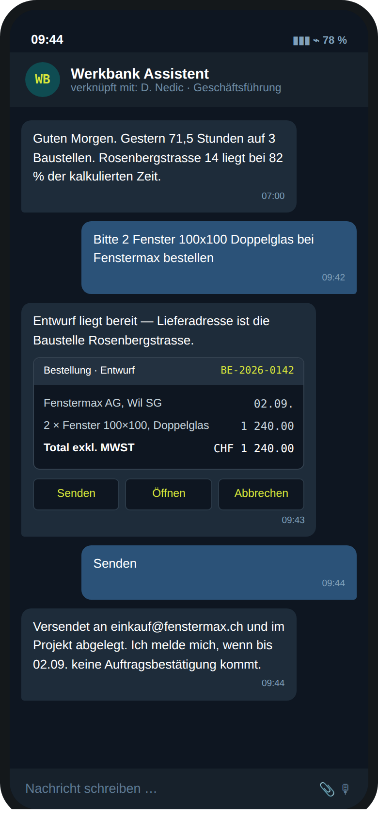 Telegram-Chat der Geschäftsführung: Bestellung anlegen und freigeben
